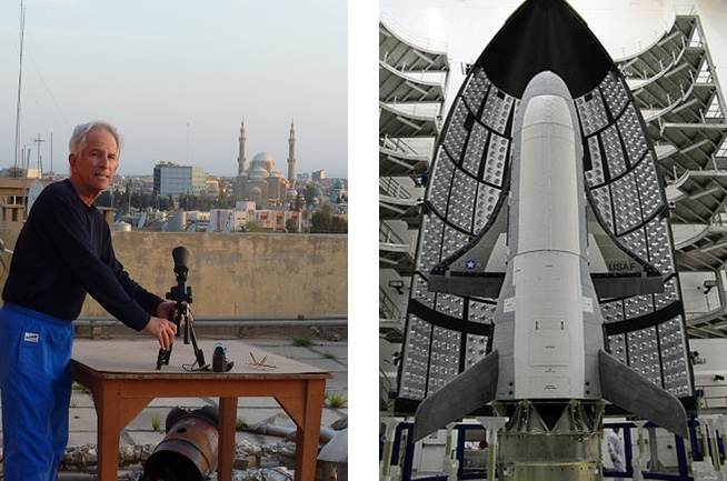 My setup for video observation of a military shuttle spacecraft X-37B OTV-2 (pictured on the right) from the roof of a hotel in Erbil, Iraq April 2, 2011. Photo by L. Palmer during my 51st year of satellite observing.